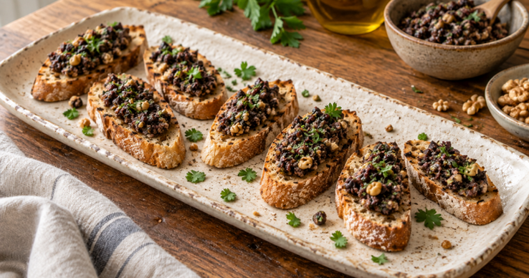 Easy Vegan Bruschetta with Black Olive Pesto