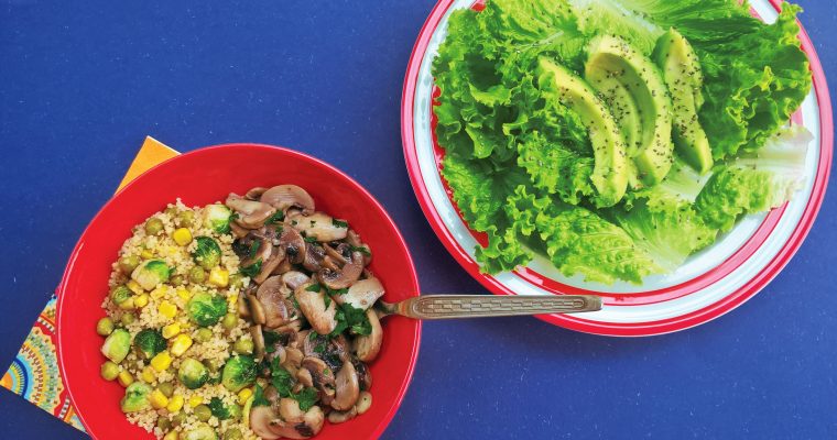 Fluffy couscous with brussels sprouts, peas and corn