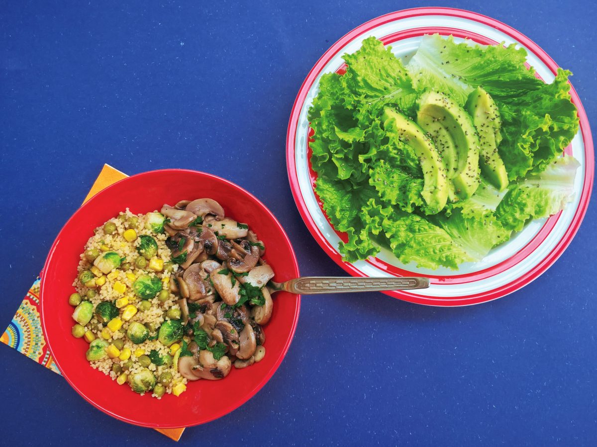 Fluffy couscous with brussels sprouts, peas and corn