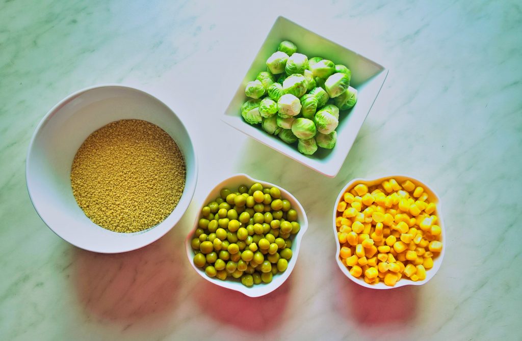 Couscous-brussels sprout-peas-corn