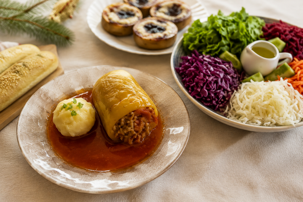 Vegan stuffed pepper with tomato sauce and fresh Balkan salads