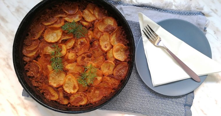 Vegan moussaka with jackfruit crumbs