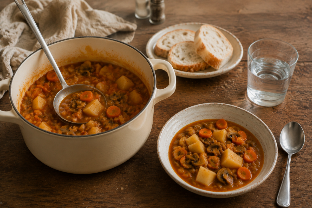Homemade vegan potato stew with mushrooms being served from a pot