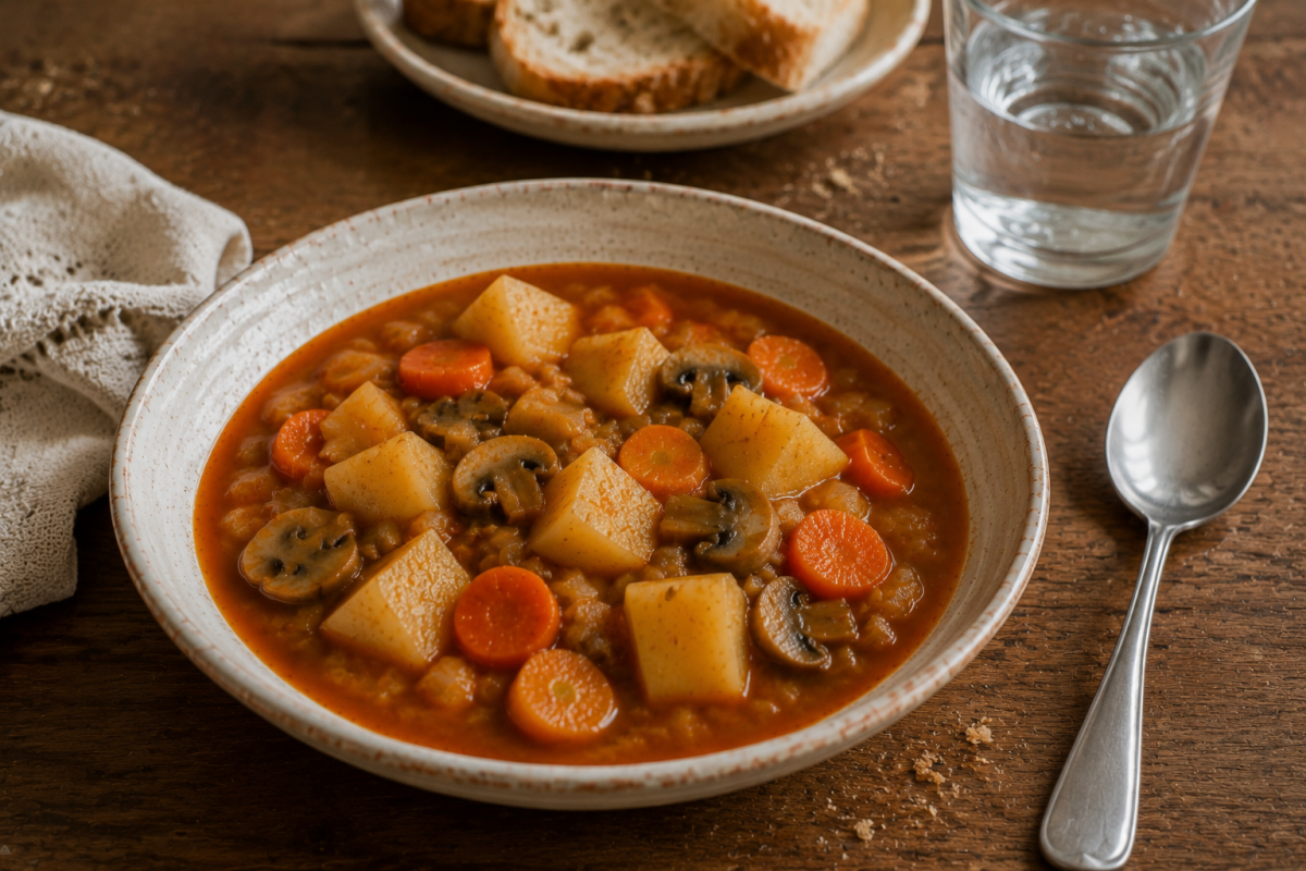 Close-up of thick vegan potato stew with potatoes, carrots and mushrooms